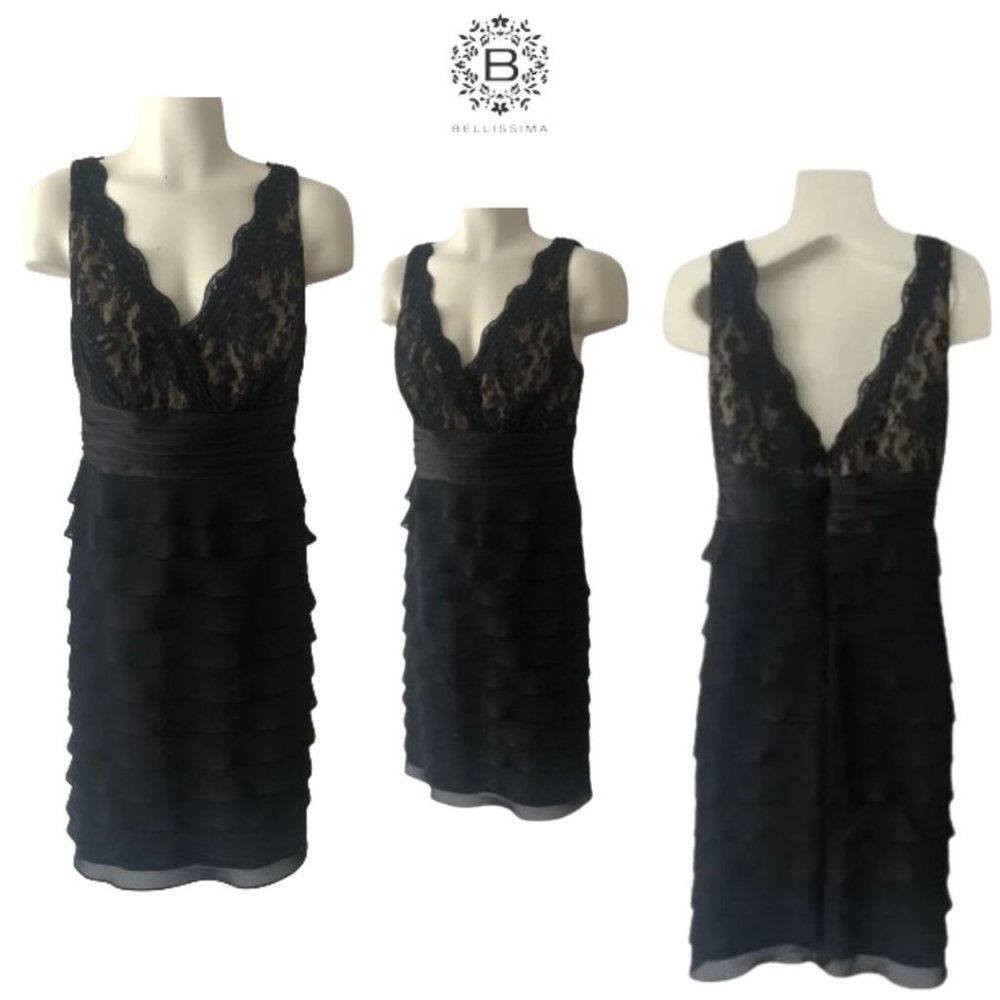 Bellissima V-Neck Sheer Lace Ruffle Formal Party Dress in Black Size 6